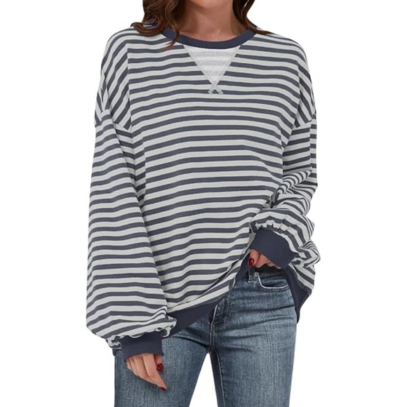 Striped Navy and Grey Women's Sweatshirt Oversized Fit - Picture 1 of 5